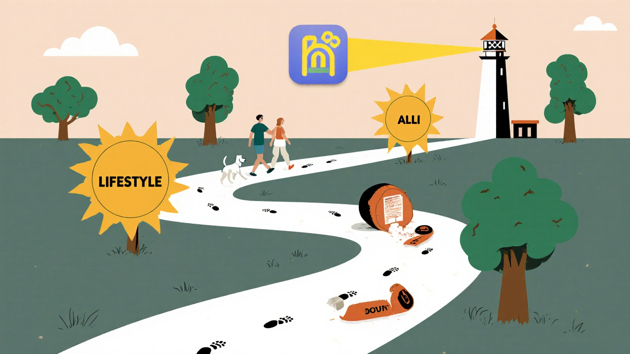 A peaceful lifestyle path with healthy symbols, leaving behind a broken Alli bottle, in minimalist poster art.