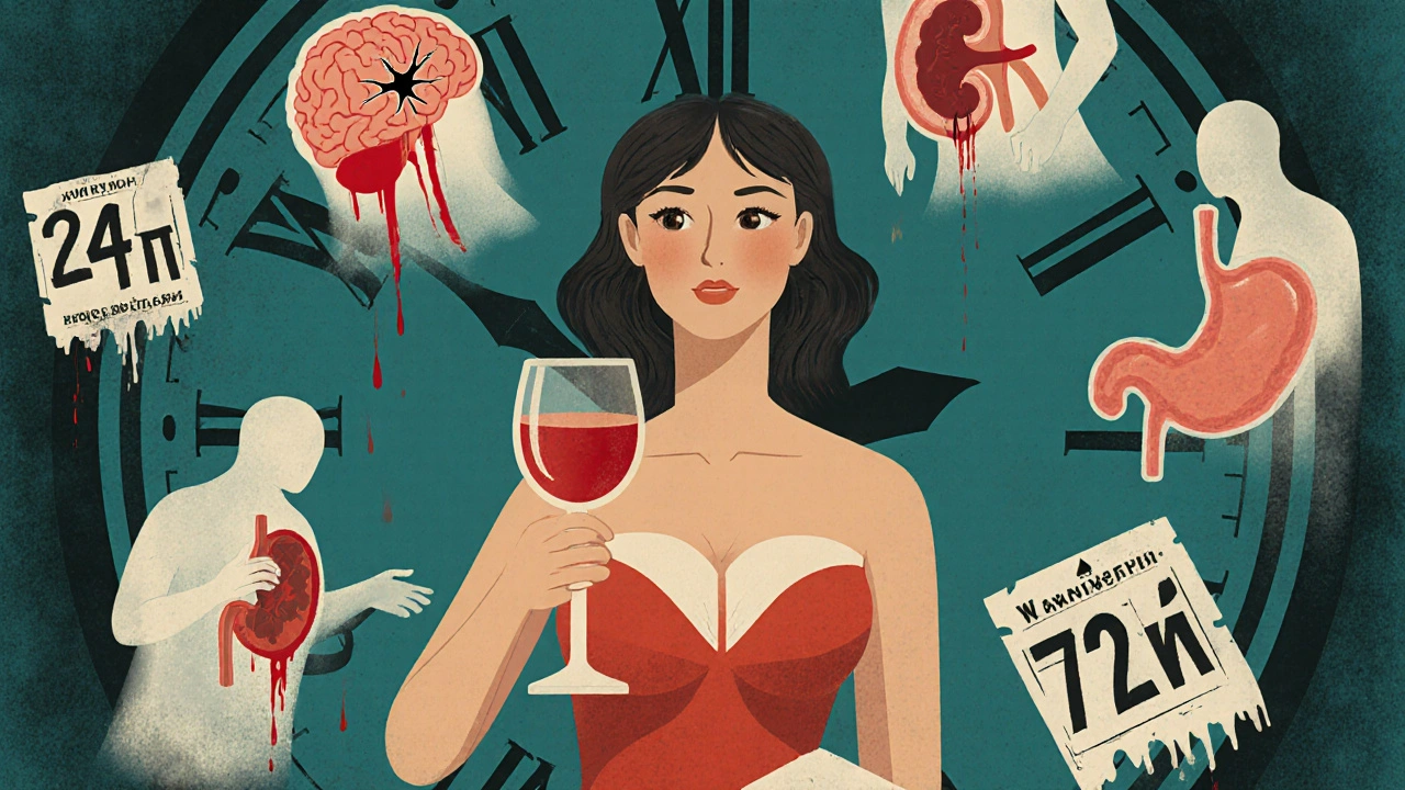 A woman at a party surrounded by floating ghostly images of bleeding organs, symbolizing alcohol’s danger while on warfarin.