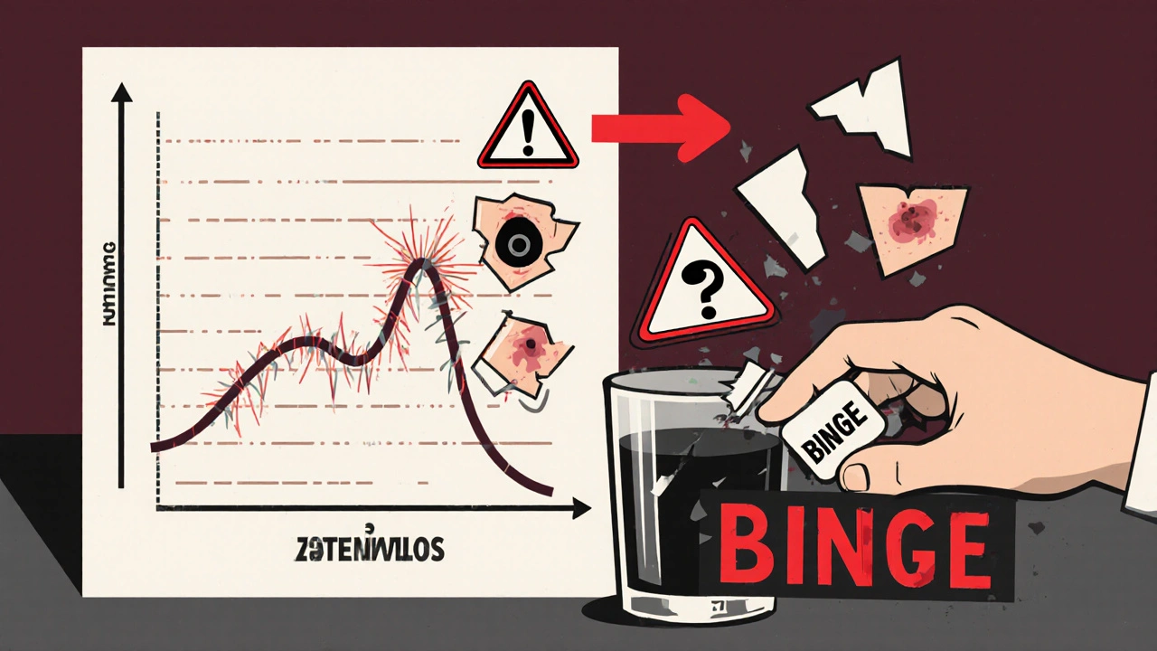 An INR graph crashing like a rollercoaster beside a shattered liquor glass turning into bleeding warning icons.