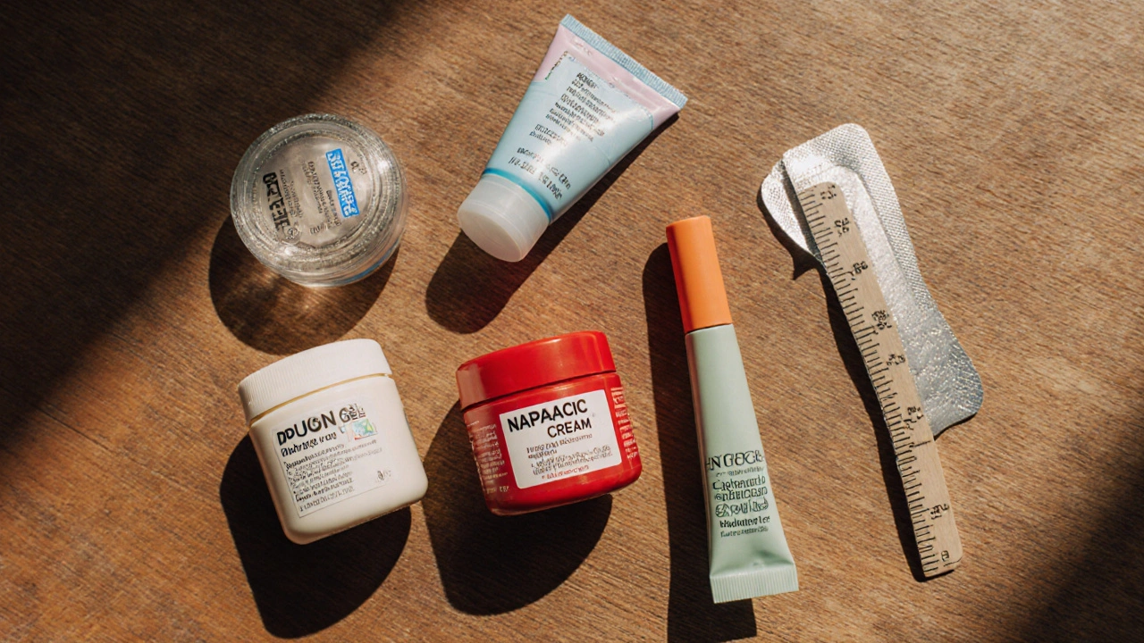 Assorted topical pain relief tubes and patches on a wooden table.