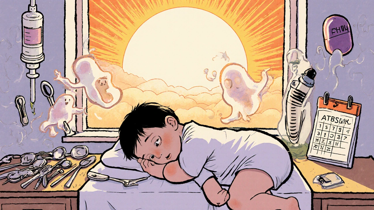 Baby sleeping peacefully as bacteria fade away, side-by-side contrast of disorganized vs organized medication setup.