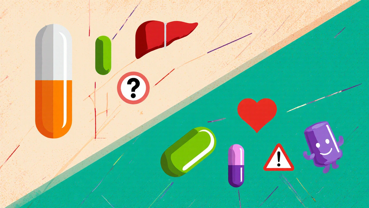 Collage of four drug pills with icons for side effects and risks in bold colors.