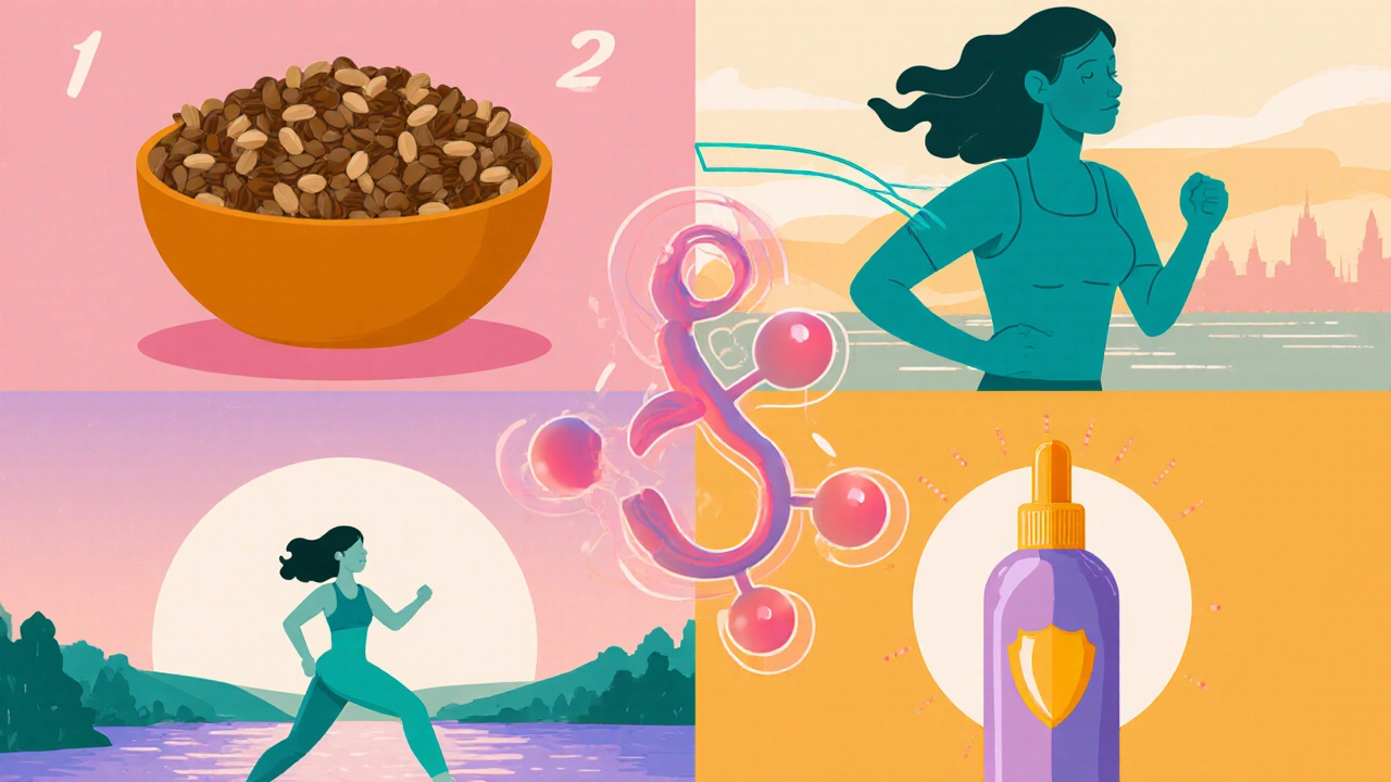 Collage of soy foods, exercise, yoga, and sunscreen promoting skin health.