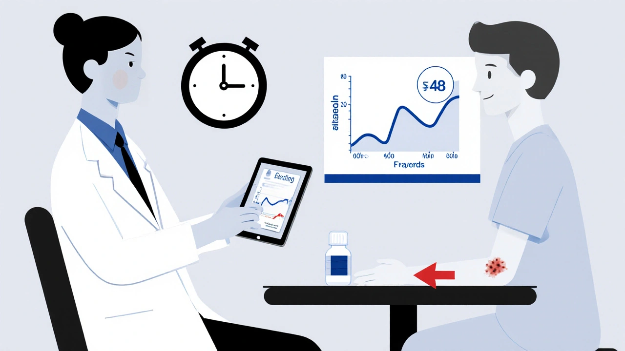 Consultation scene with doctor reviewing platelet test, clock showing 48 hours, and aspirin bottle.