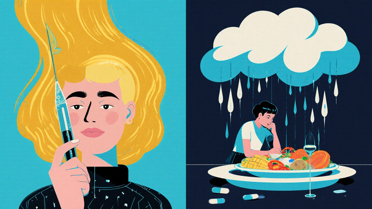 Contrasting figures using Wegovy injection versus struggling with Alli pill, rendered in bold graphic poster style.