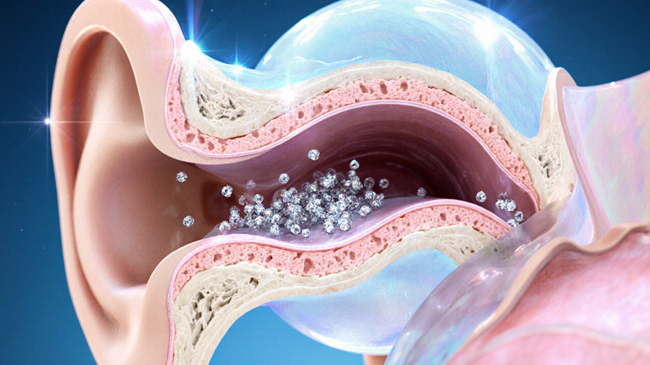 Cross‑section of inner ear showing otoconia crystals in the posterior semicircular canal.