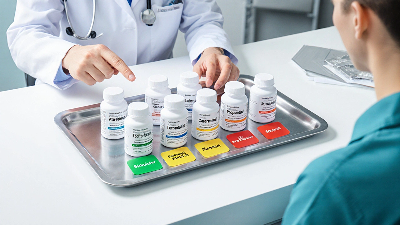 Doctor&#039;s tray displaying six beta‑blocker bottles for patient consultation.