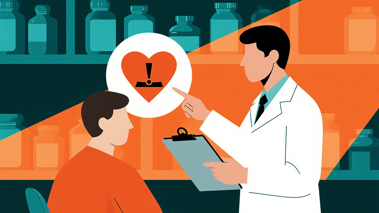 Doctor and patient discussing a medication, with a heart icon and warning triangle in the background.