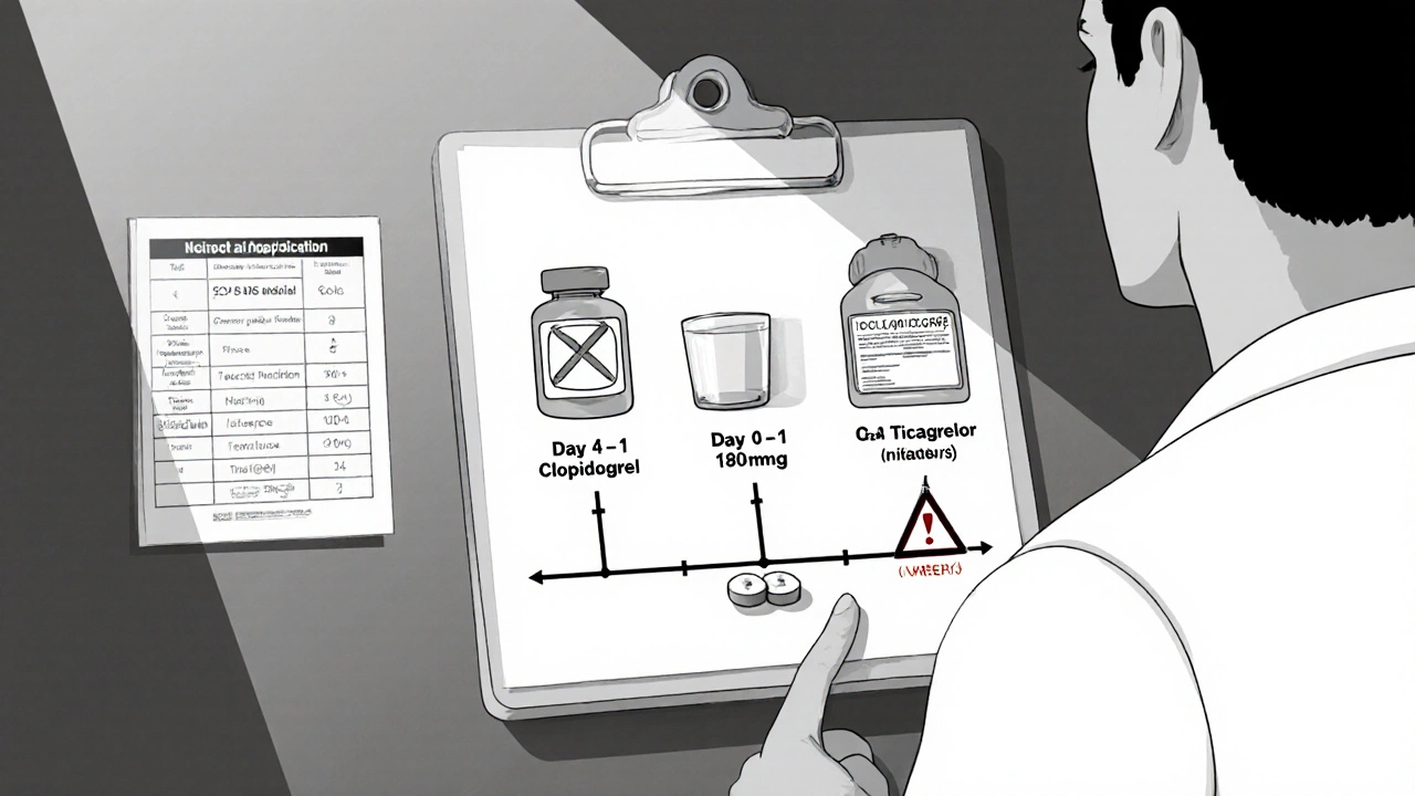 Doctor’s desk with a timeline showing stop Clopidogrel, start Ticagrelor, renal chart, and warning icons.