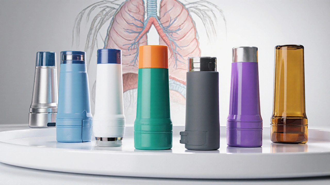 Eight different inhalers displayed on a clinical tray with soft lighting.