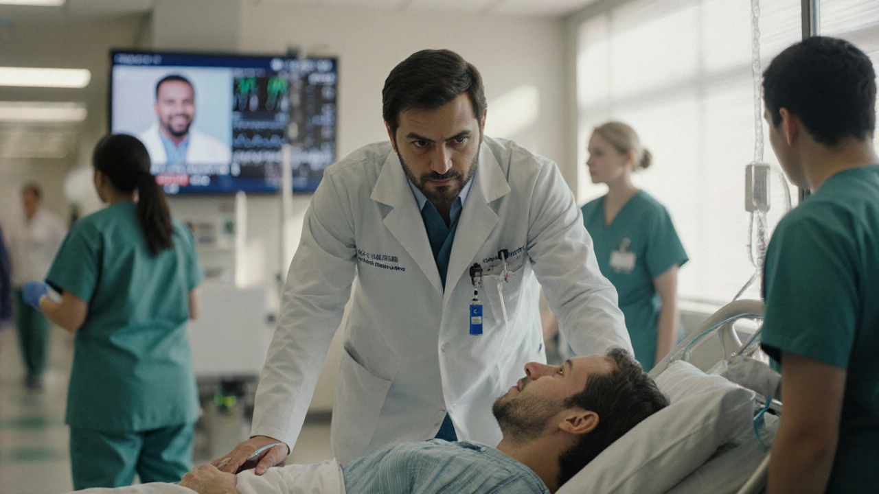 ER doctor tending to a patient with a monitor and interview screen in a hospital setting.