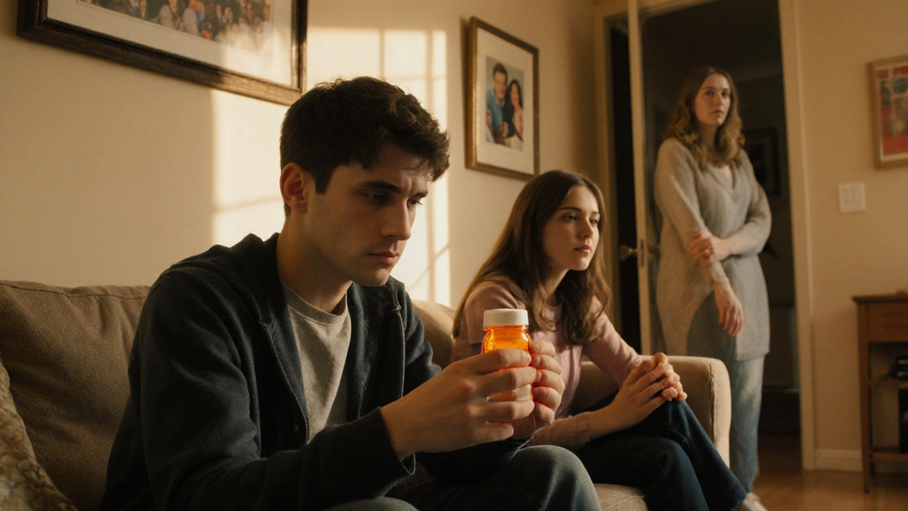 Family living room with teen holding opioid bottle, sister offering support, warm sunlight.