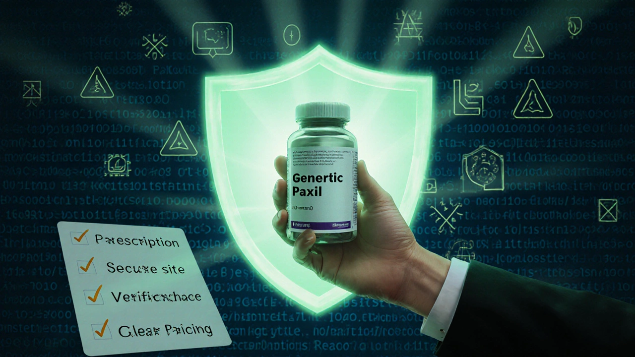 Hand holds generic Paxil bottle in front of a protective digital shield.