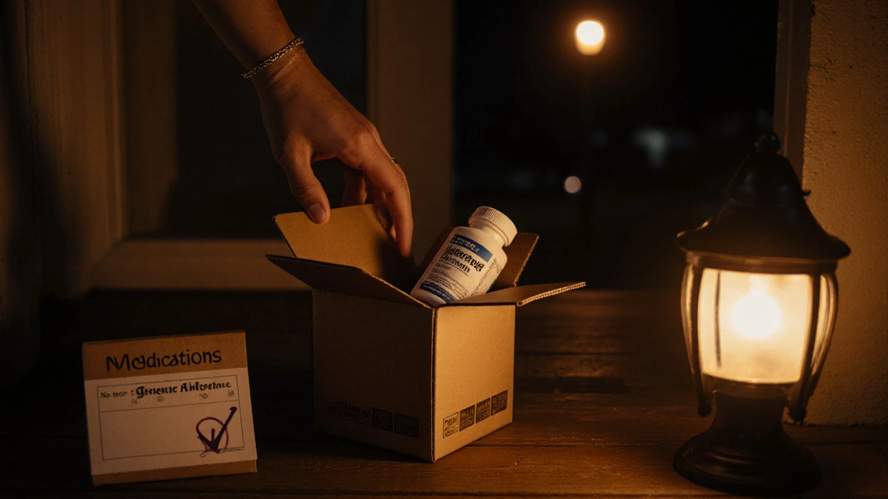 Hand reaches for a delivery box containing a generic ibuprofen bottle on a twilight porch.