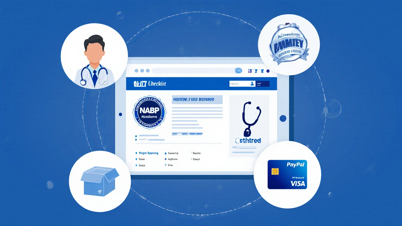 Illustrated checklist showing how to verify a legitimate online pharmacy.