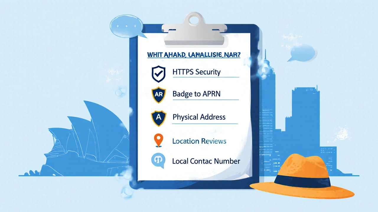 Illustrated checklist with icons for HTTPS, APRN badge, address, reviews, and phone.