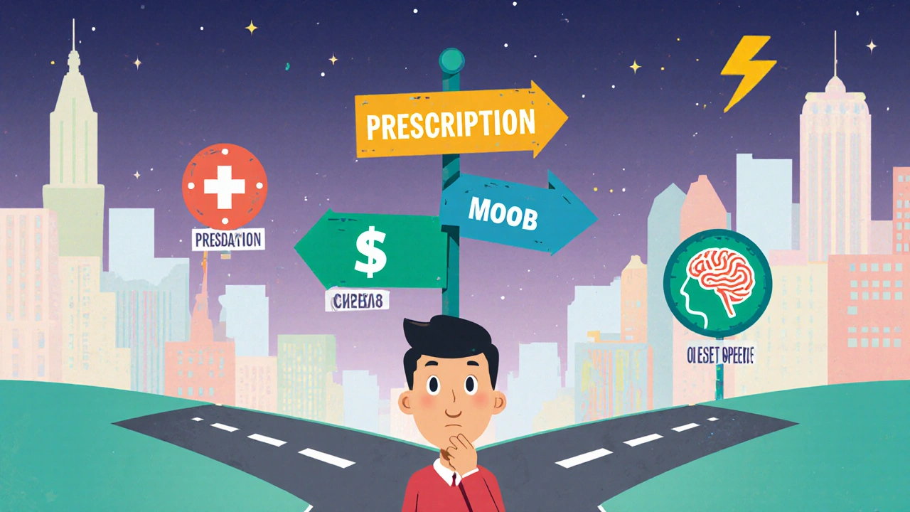 Illustrated crossroads with signposts for prescription, cost, mood, and onset speed.