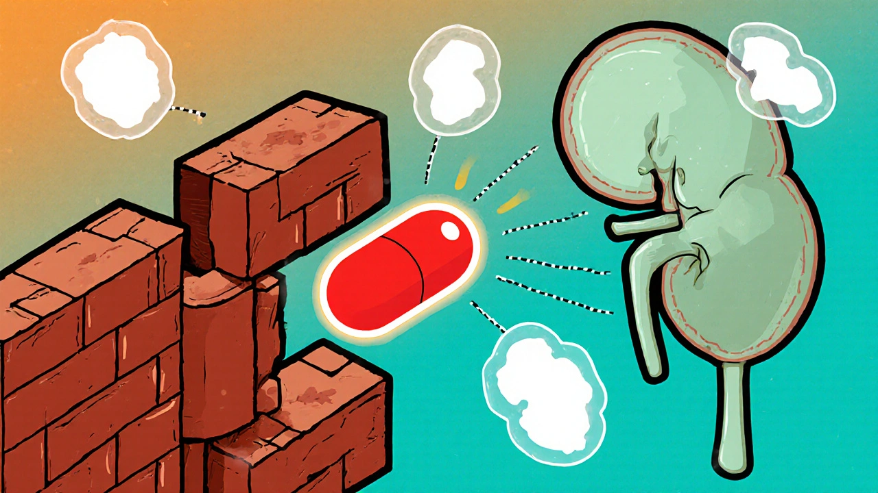 Indinavir molecule blocking HIV protease enzyme, with kidney stones hovering nearby.