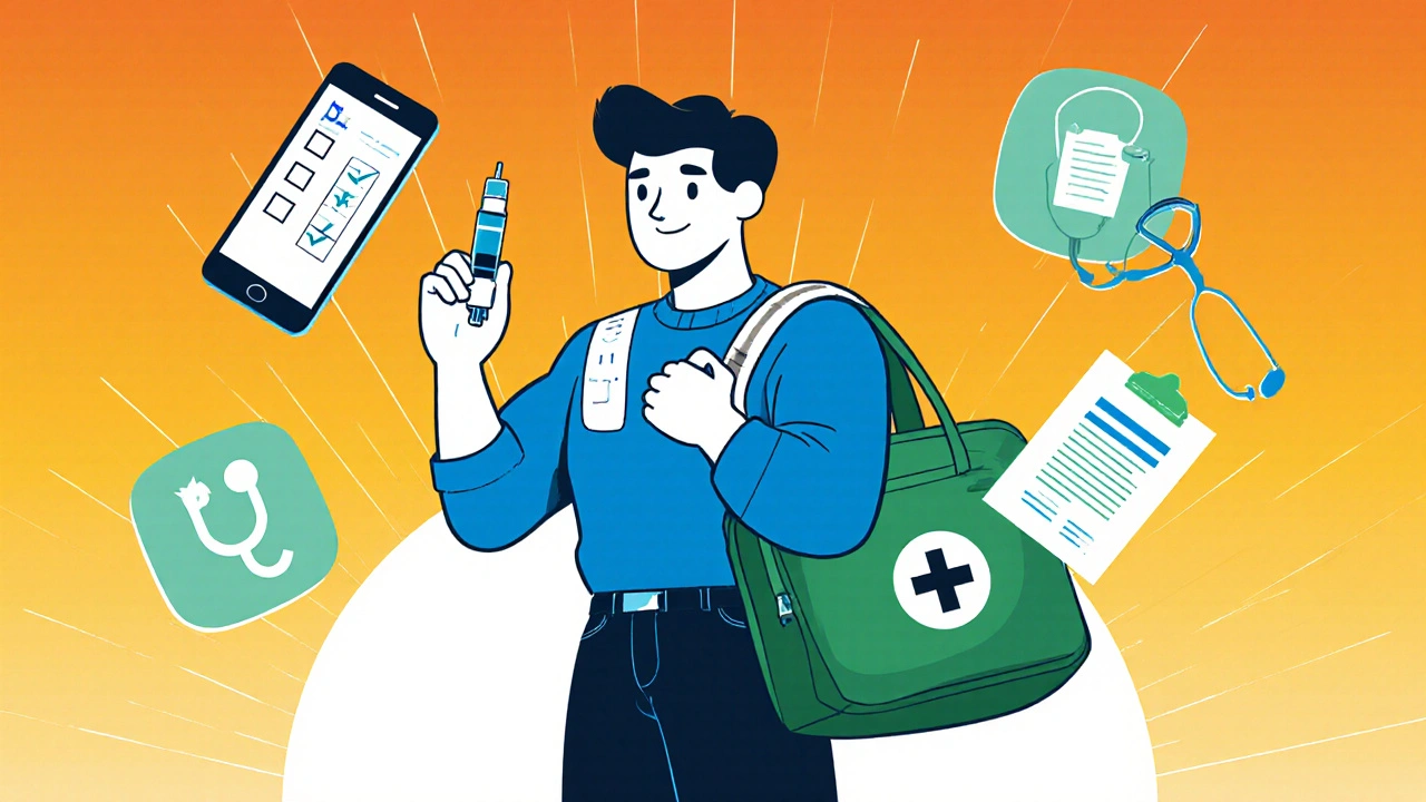 Individual holding an epinephrine auto‑injector and medical checklist, ready for emergencies.