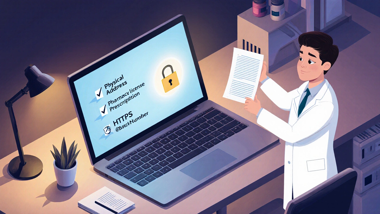 Isometric desk with laptop showing security icons and pharmacist avatar checking a prescription list.