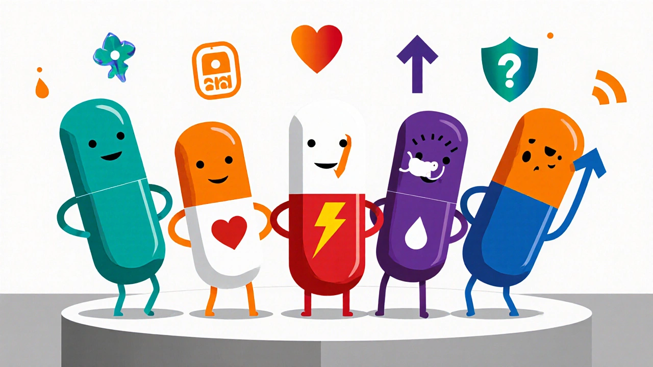 Lineup of six cartoon pill characters each colored to represent different antidepressants and their side‑effects.