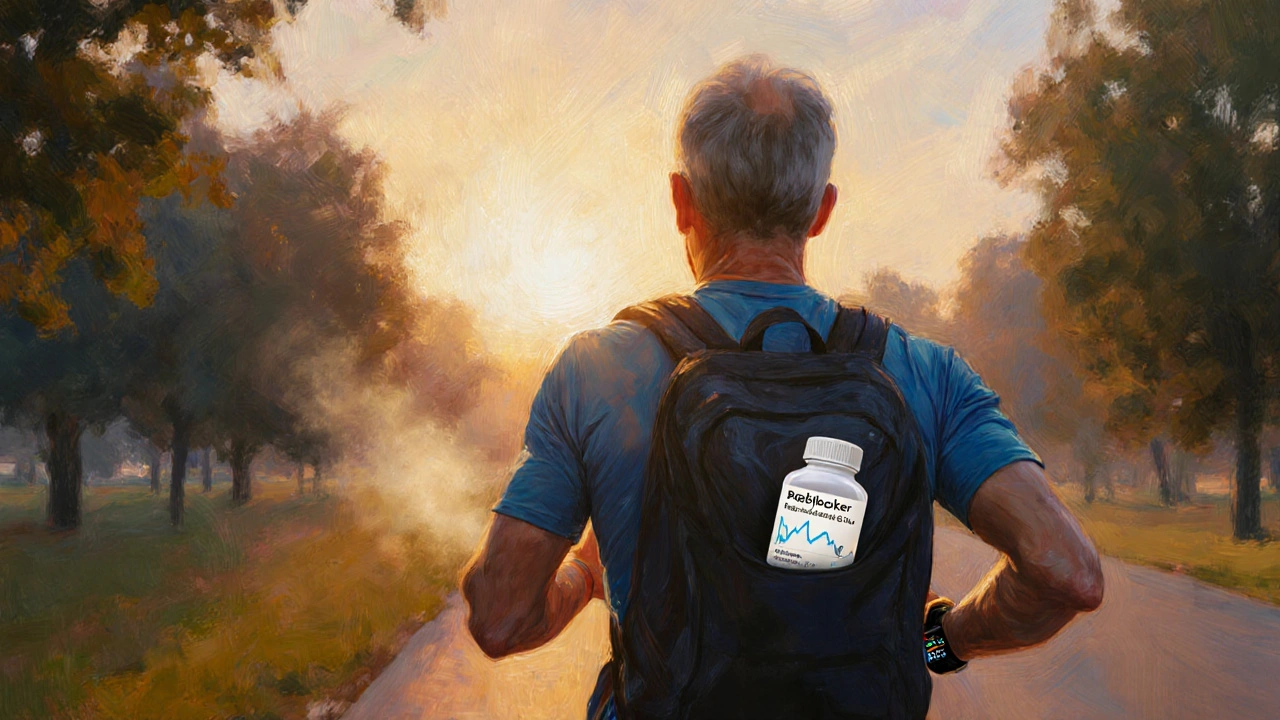 Middle‑aged jogger with smartwatch, showing steady heart rate after medication switch.