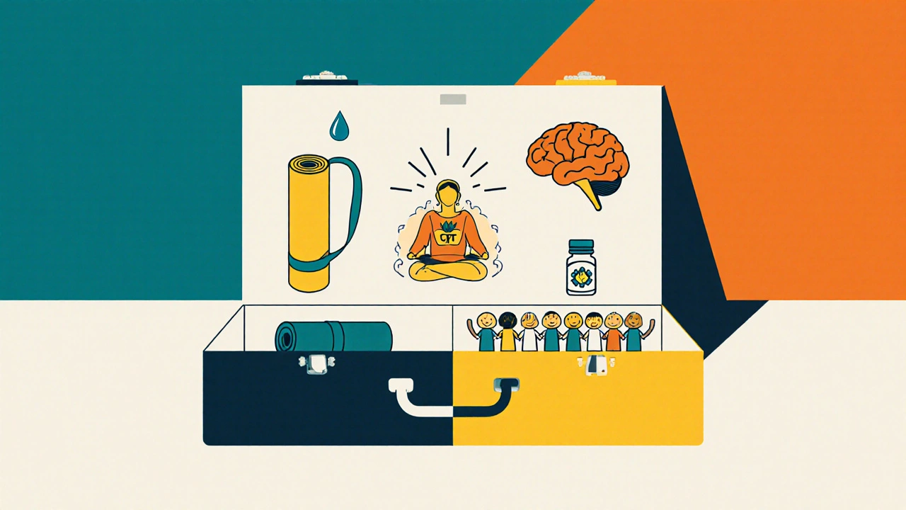 Open toolbox showing yoga mat, meditation lotus, CBT brain, pill bottle, and supportive group figures.