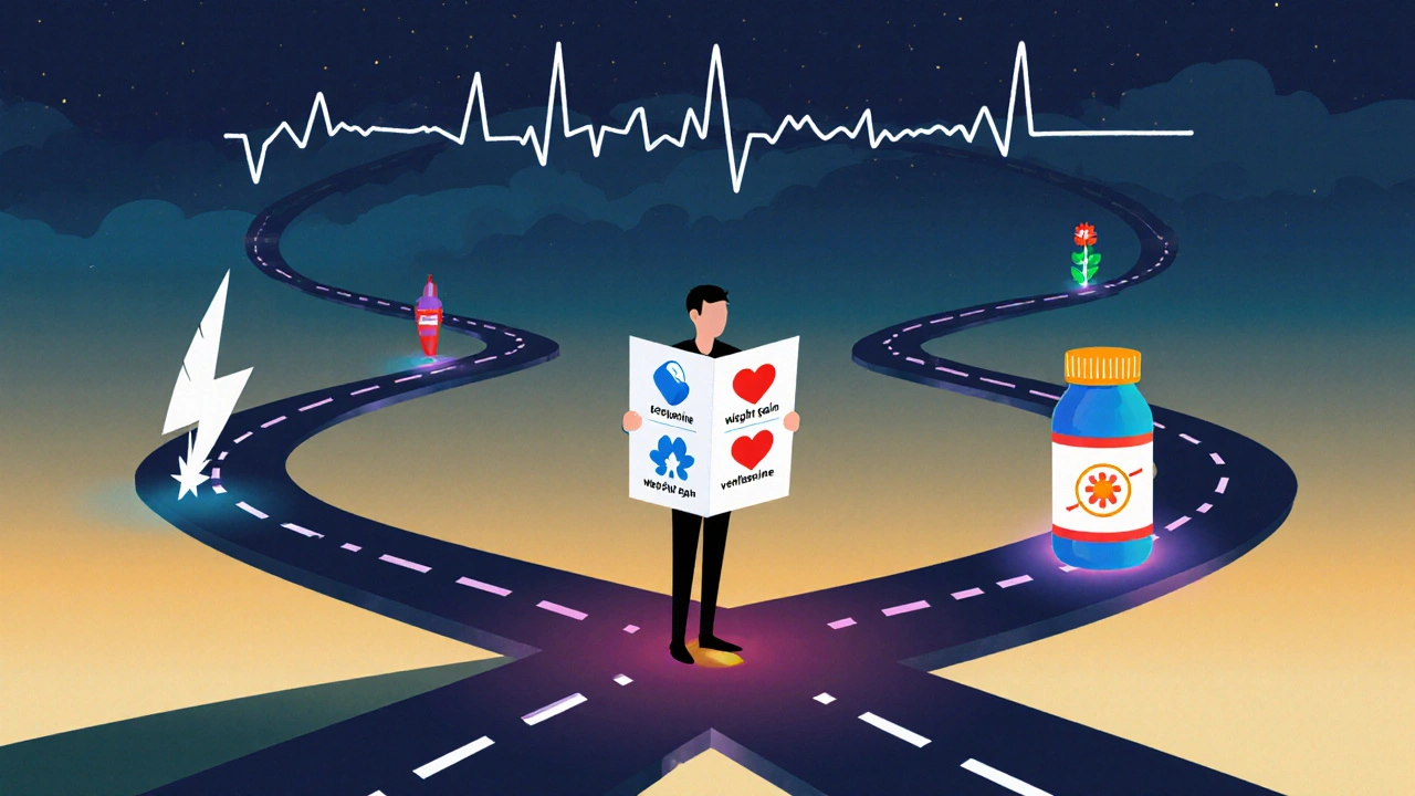 Patient at a crossroads choosing between paths marked by different antidepressant pills, with Asendin path highlighted.