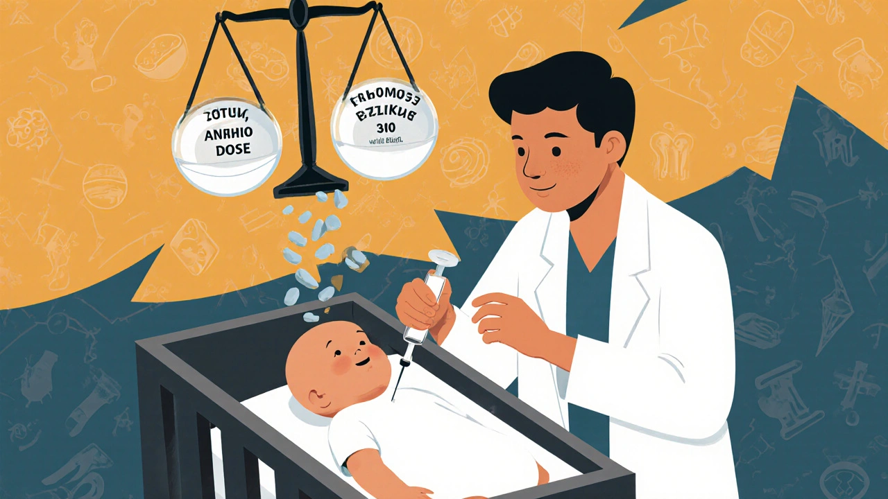 Pediatrician giving cefdinir via syringe to infant, with floating scales and crumbling bacteria in geometric background.