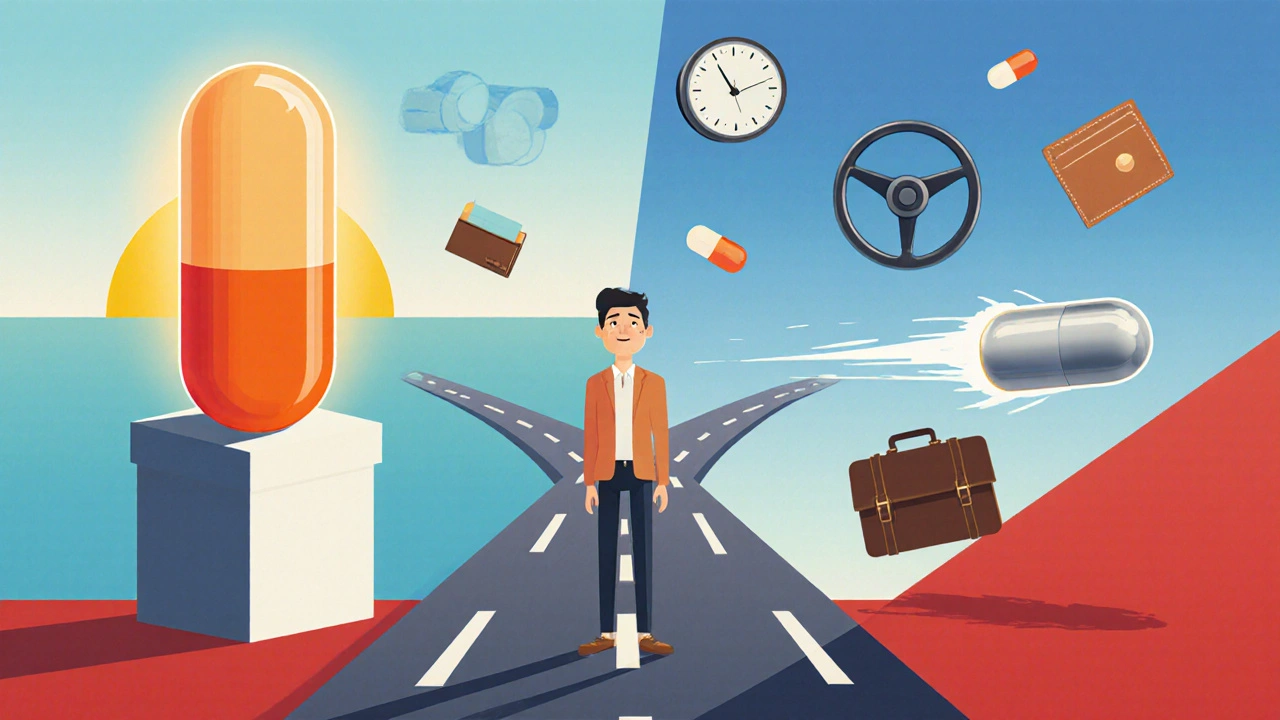 Person at a crossroads choosing between a glowing Ketotifen pill and a swift fexofenadine capsule, with symbolic items.