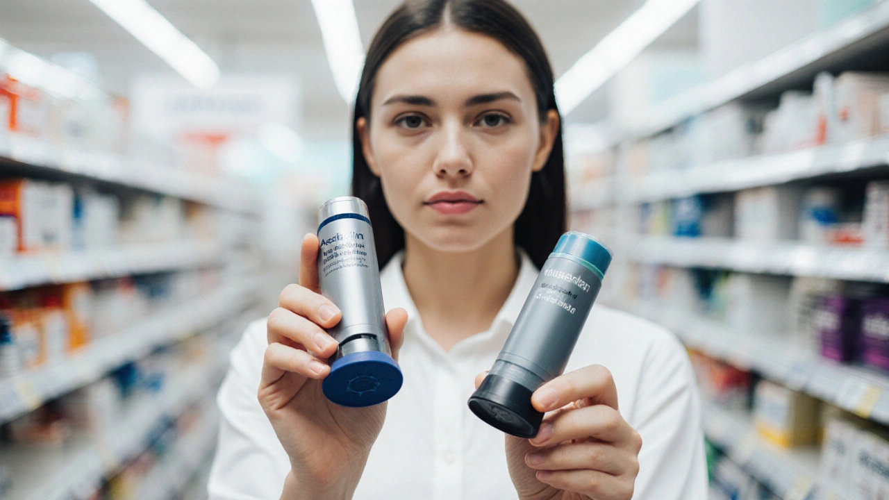Person in pharmacy aisle holding Asthalin and Levalbuterol inhalers, contemplating choice.