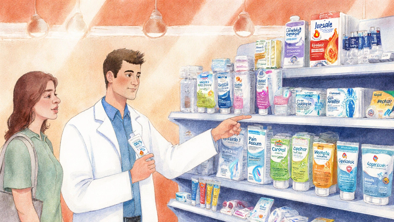 Pharmacist advising a customer while pointing to various pain relief products.