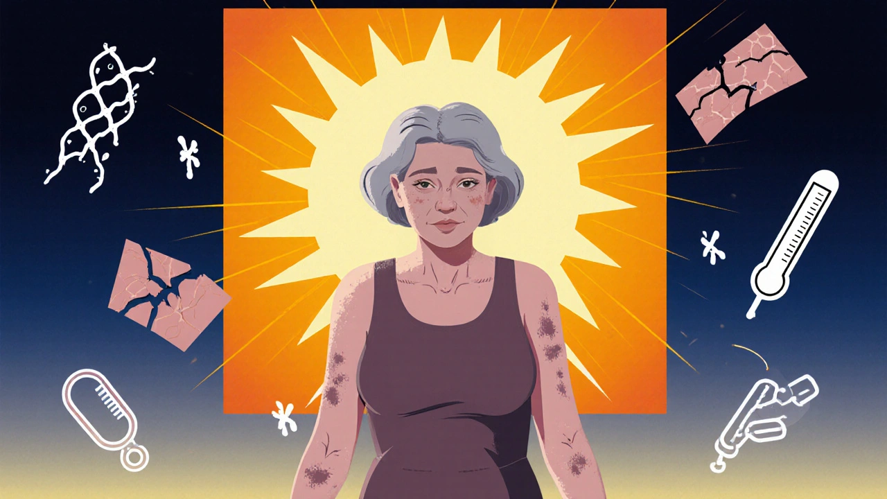 Post‑menopausal woman with dry, wrinkled skin under harsh sun.