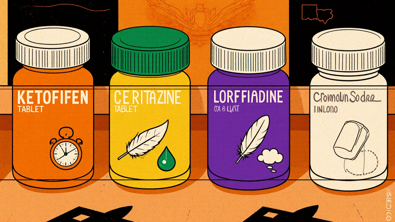Retro pharmacy scene with color‑coded containers for Ketotifen, cetirizine, loratadine, fexofenadine, and cromolyn.