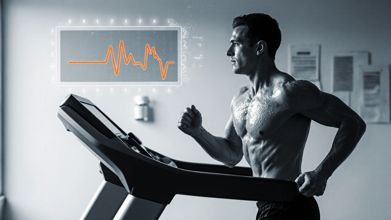 Runner on treadmill with orange‑accented heart‑rate monitor and faint medical chart background.