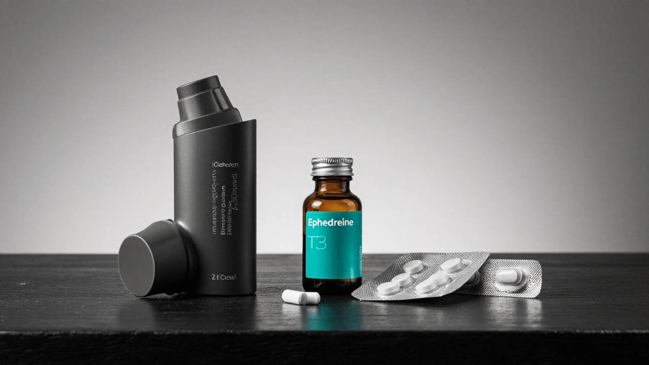 Side‑by‑side comparison of clenbuterol inhaler, Ephedrine bottle, T3 tablets, and Bupropion capsule on a wooden table.