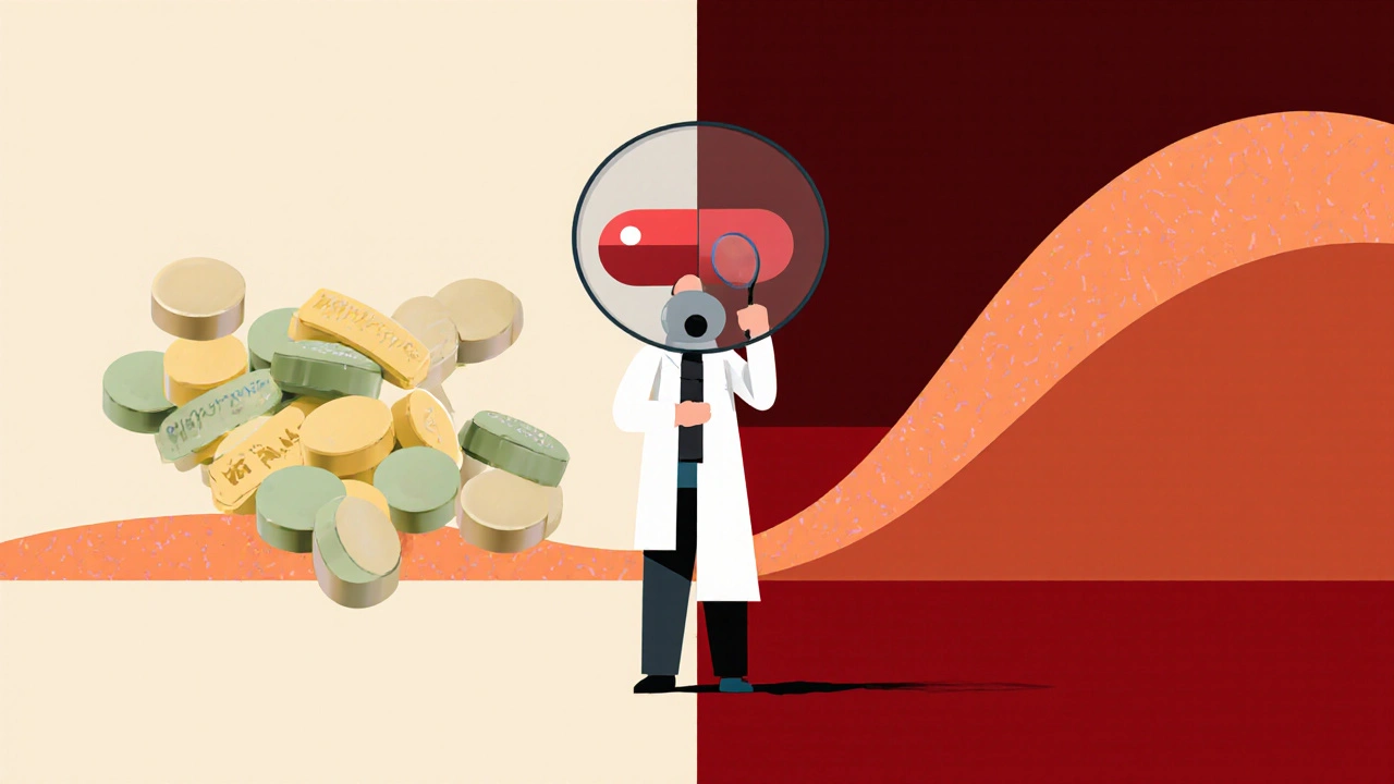 Side‑by‑side comparison of H2 blocker tablets and a PPI pill with acid reduction waves.
