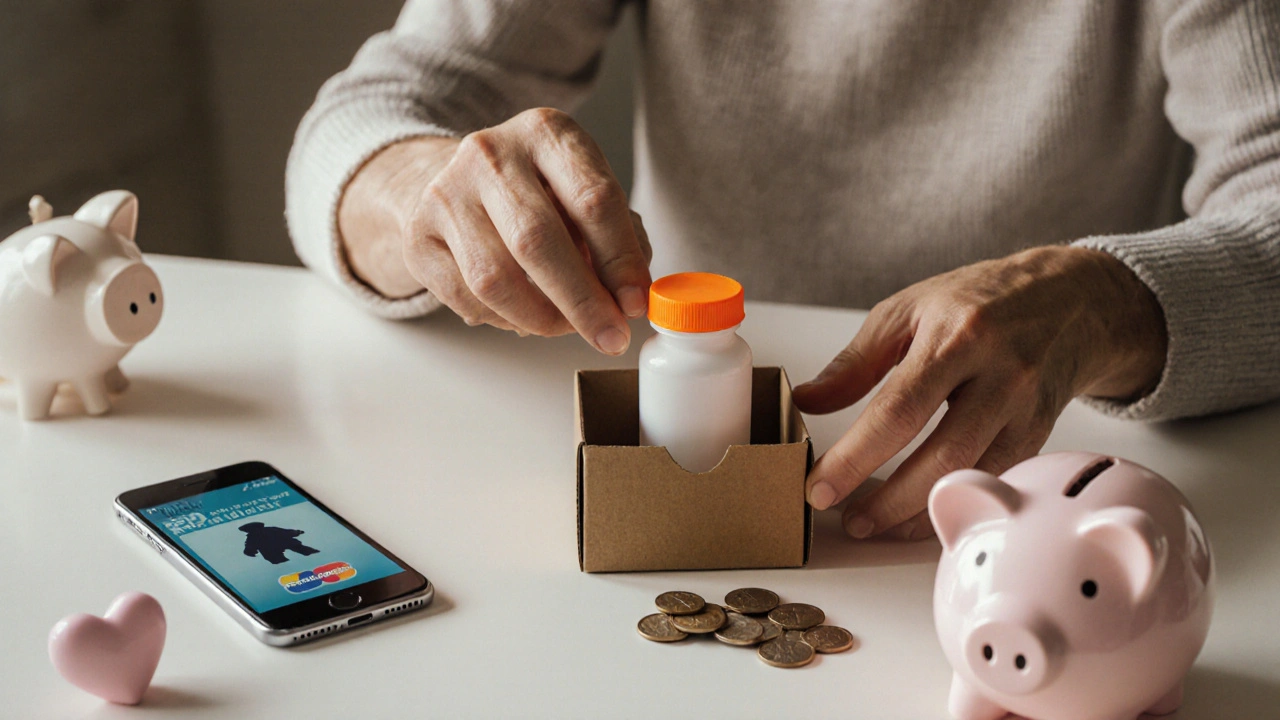 Smiling person opens box revealing generic pill bottle, with piggy bank and discount card nearby.