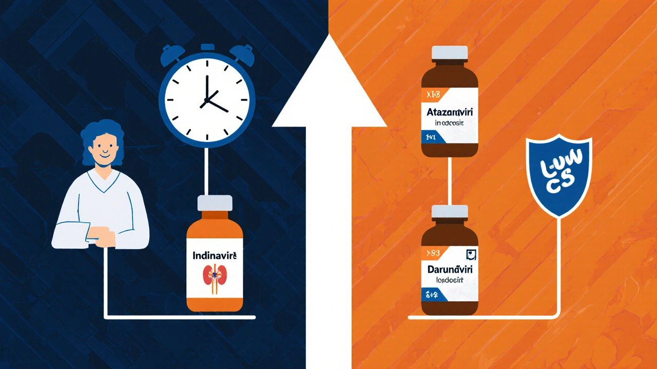 Split scene showing Indinavir regimen on one side and alternative drugs on the other.