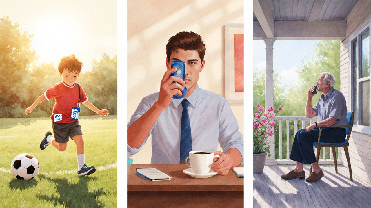 Three lifestyle scenes: child playing soccer, adult at home, senior on porch using inhalers.