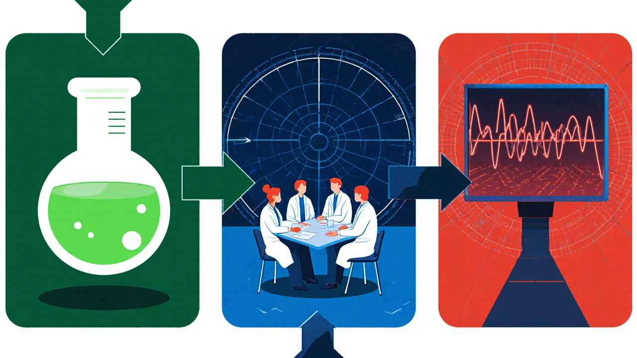 Three‑panel graphic showing lab flask, clinical trial figures, and radar screen linked by arrows.