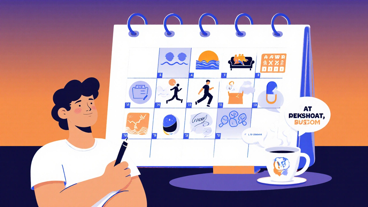 Wall calendar with icons for mindfulness, exercise, therapy, medication, and support groups beside a calm person.
