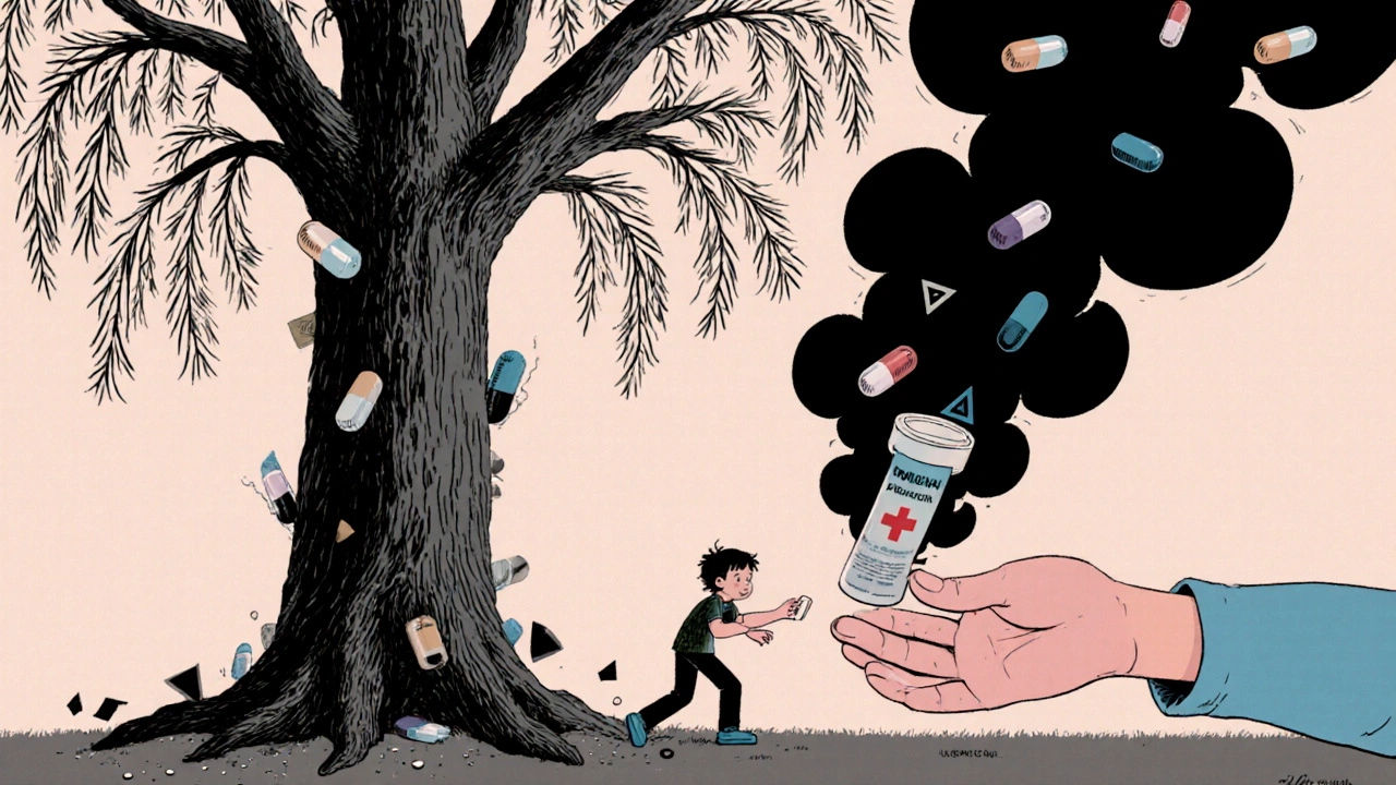 A child reaching for paracetamol as Reye’s Syndrome fades away, with a crumbling willow tree in symbolic poster art.