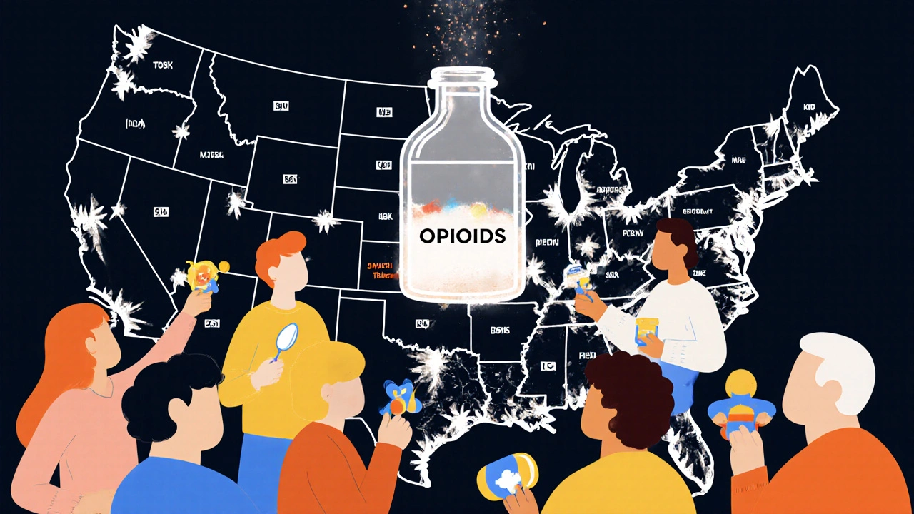 A circle of people holding personal victories as opioid pills crumble above them, beneath a map of care access.