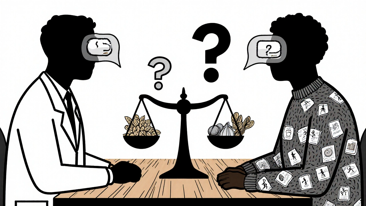 A doctor and patient facing each other across a table, balancing a pill against healthy lifestyle symbols.