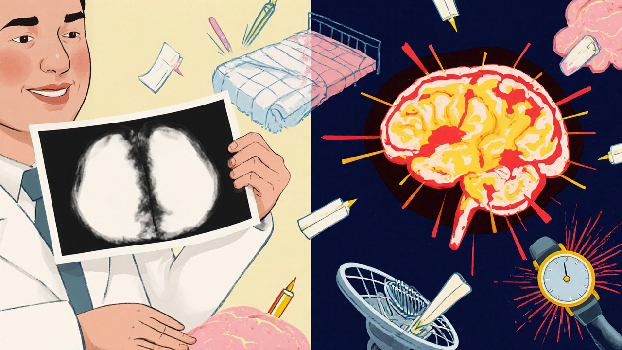 A doctor holding an empty X-ray next to a vivid brain scan showing hyperactive pain areas and symbolic triggers.