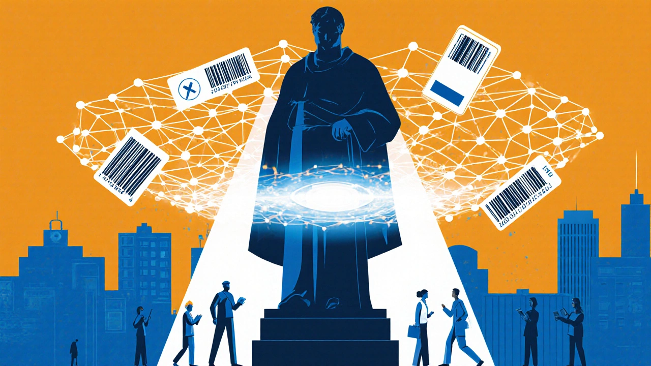 A glowing barcode scanner stands as a protective guardian over a pharmacy, shielding patients with a web of digital safety codes.