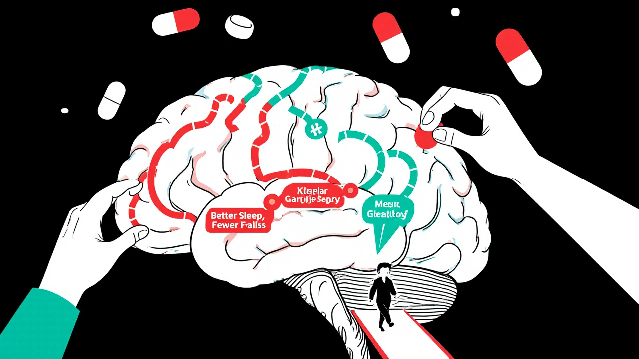 A human brain map with fading pills and glowing pathways representing reduced side effects and improved clarity.