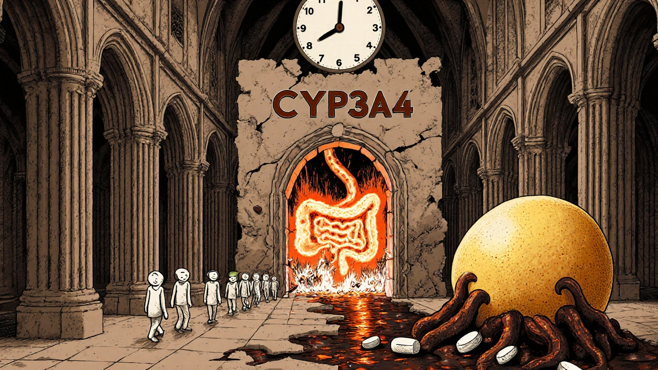 A human intestine cathedral with a crumbling enzyme gate being destroyed by grapefruit juice tentacles.