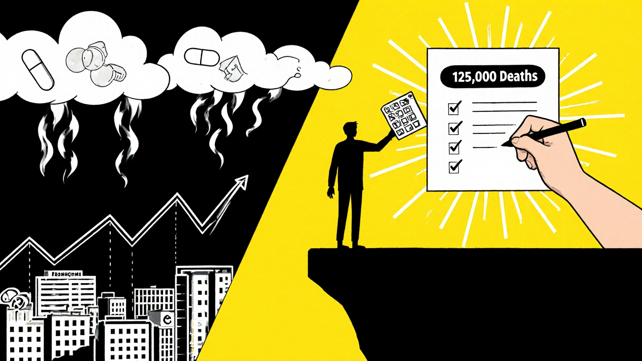 A person reaches for help from a pharmacy window as they stand at the edge of a valley shaped by preventable health crises.
